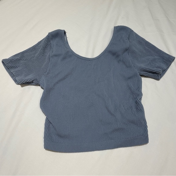 Blue Asymmetrical Ribbed Crop Top - Picture 3 of 5